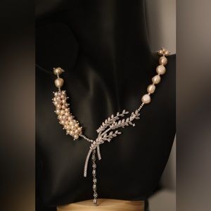 Bridal necklace, original design, pink freshwater pearl, white gold plated